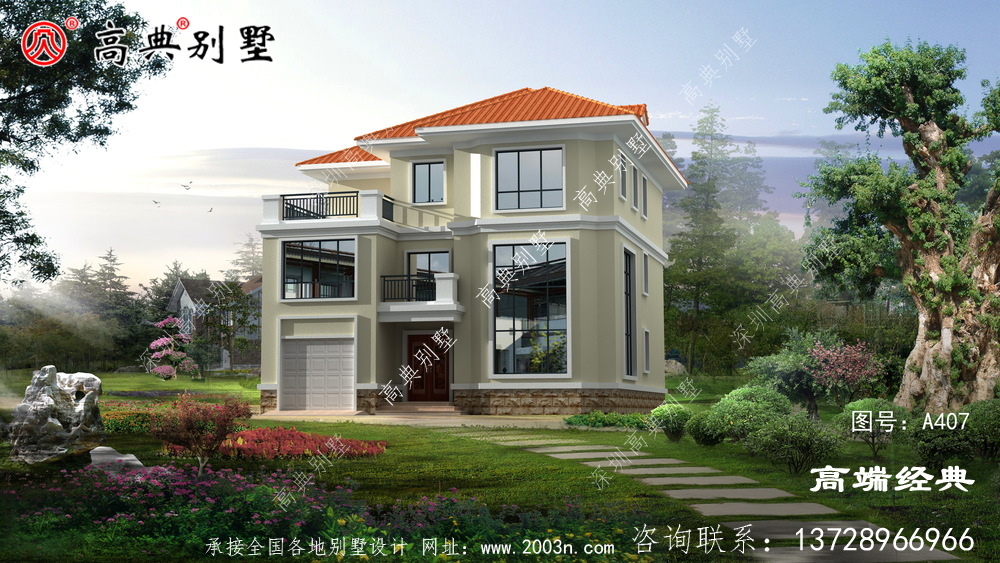 建筑装饰简洁橘色屋顶白色外墙漆,清新有活力